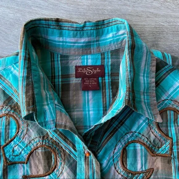 Life Style Green Plaid Western Shirt - Picture 8 of 13